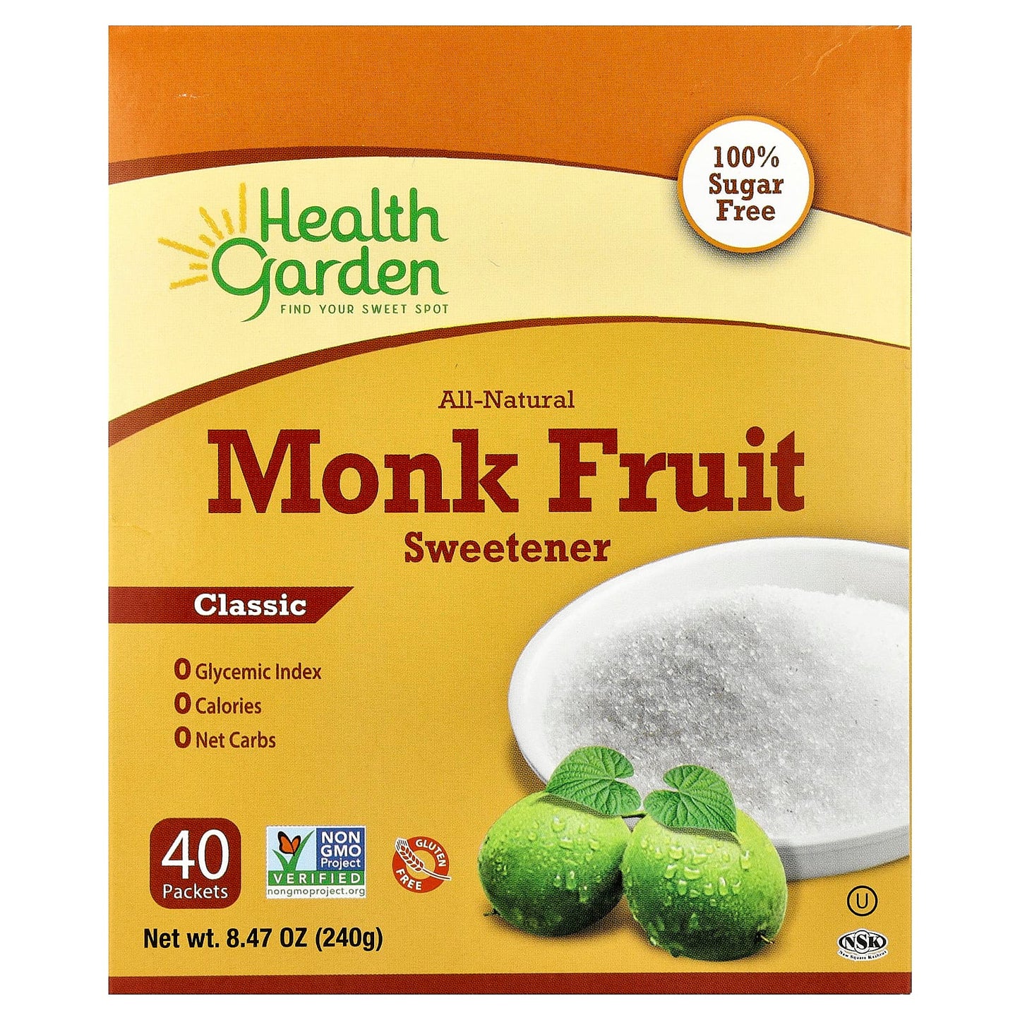 All-Natural Monk Fruit Sweetener by Health Garden - 40 Packets, 0.21 oz Each - Image 1