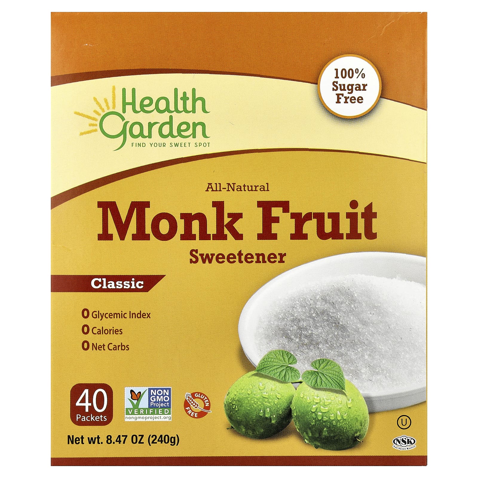 All-Natural Monk Fruit Sweetener by Health Garden - 40 Packets, 0.21 oz Each - Image 1