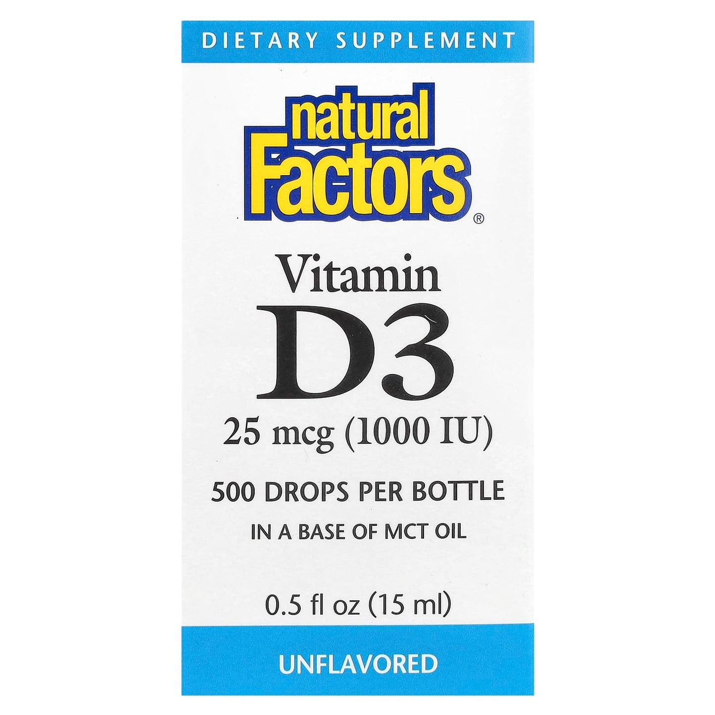 Natural Factors, Vitamin D3 Drops, Unflavored, 25 mcg (1,000 IU), 0.5 fl oz (15 ml) - Image 1