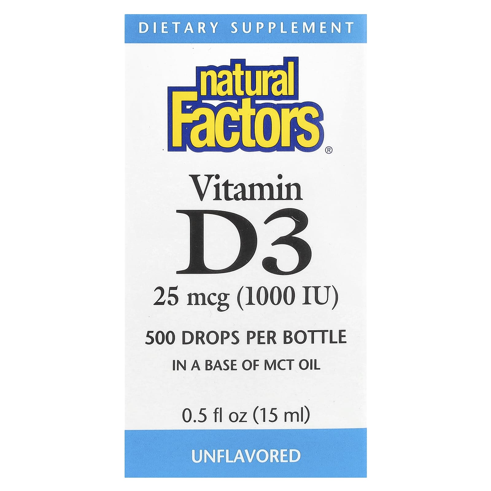 Natural Factors, Vitamin D3 Drops, Unflavored, 25 mcg (1,000 IU), 0.5 fl oz (15 ml) - Image 1