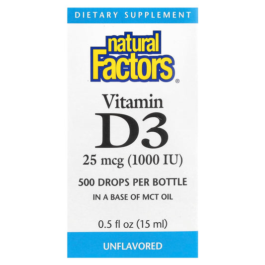 Natural Factors, Vitamin D3 Drops, Unflavored, 25 mcg (1,000 IU), 0.5 fl oz (15 ml) - Image 1