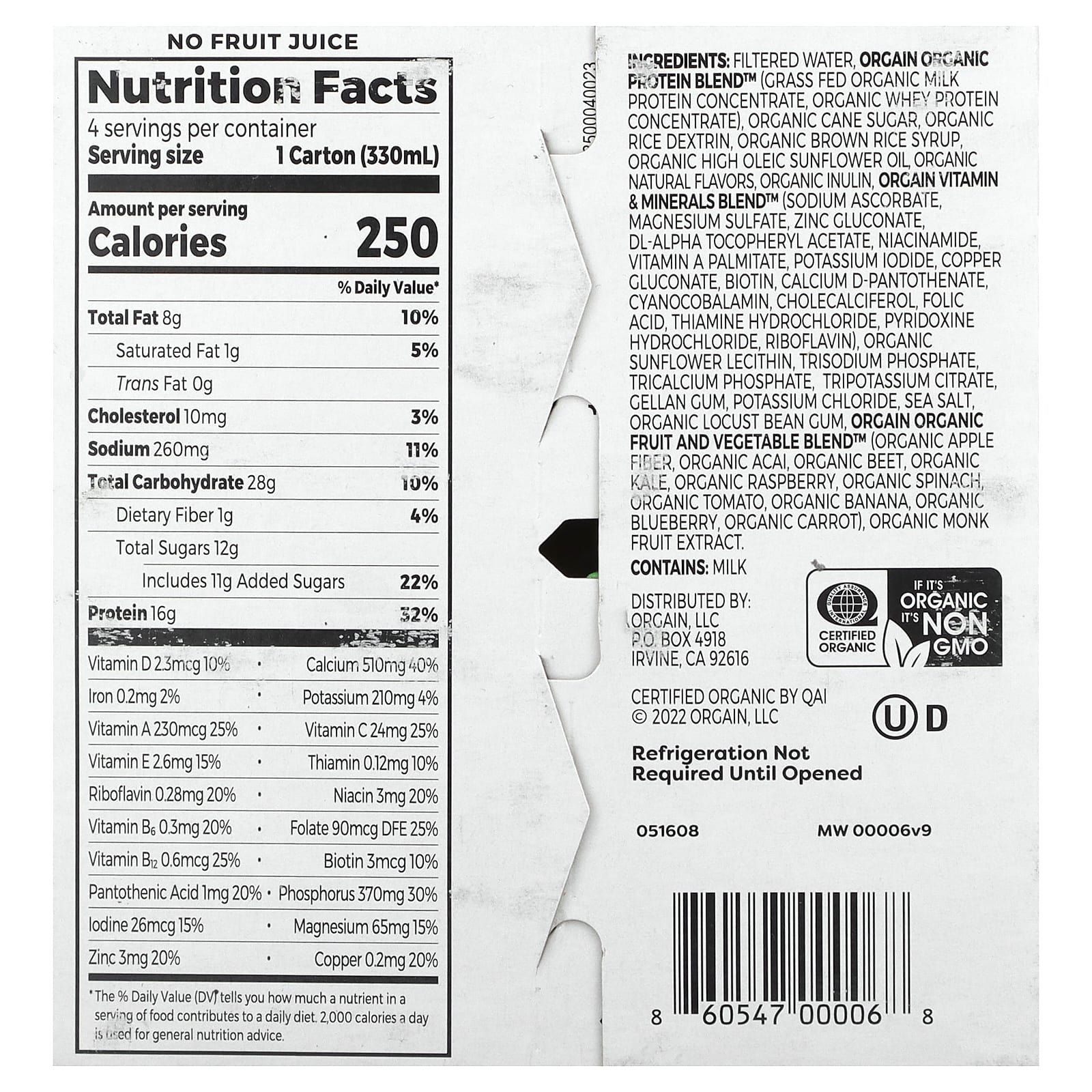 Orgain, Organic Nutrition, Grass-Fed Protein Shake,  Sweet Vanilla Bean, 4 Pack, 11 fl oz (330 ml) Each - Image 2