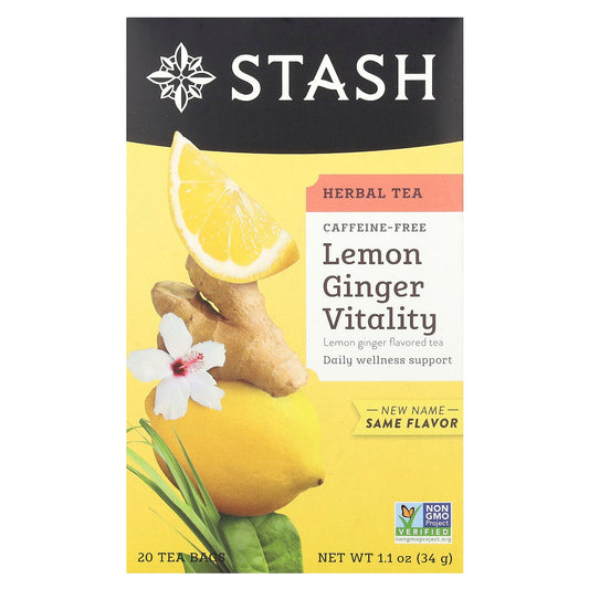 Stash Tea, Herbal Tea, Lemon Ginger Vitality, Caffeine-Free, 20 Tea Bags, 1.1 oz (34 g) - Image 1