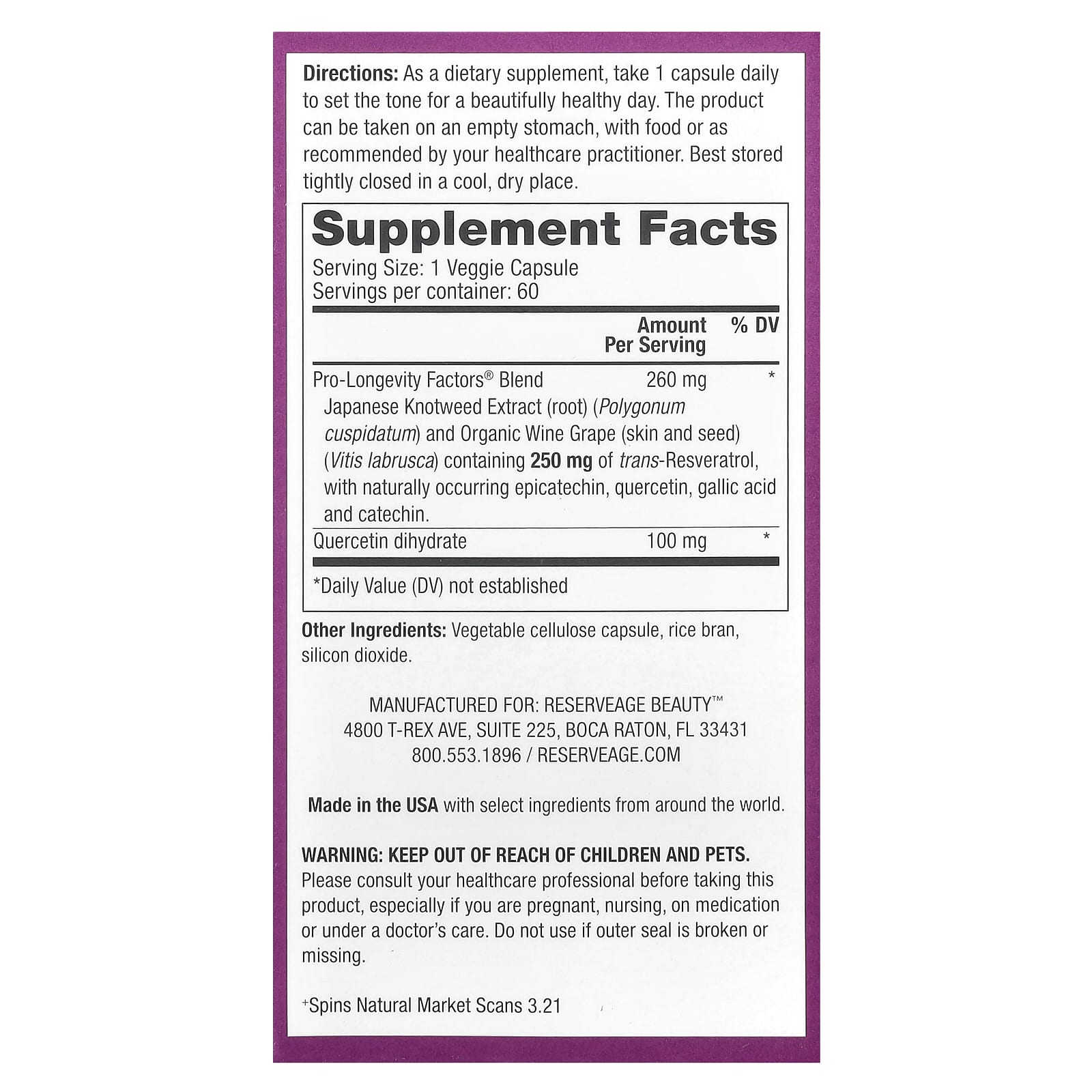 Reserveage Beauty, Resveratrol, Trans-Resveratrol, 60 Veggie Capsules