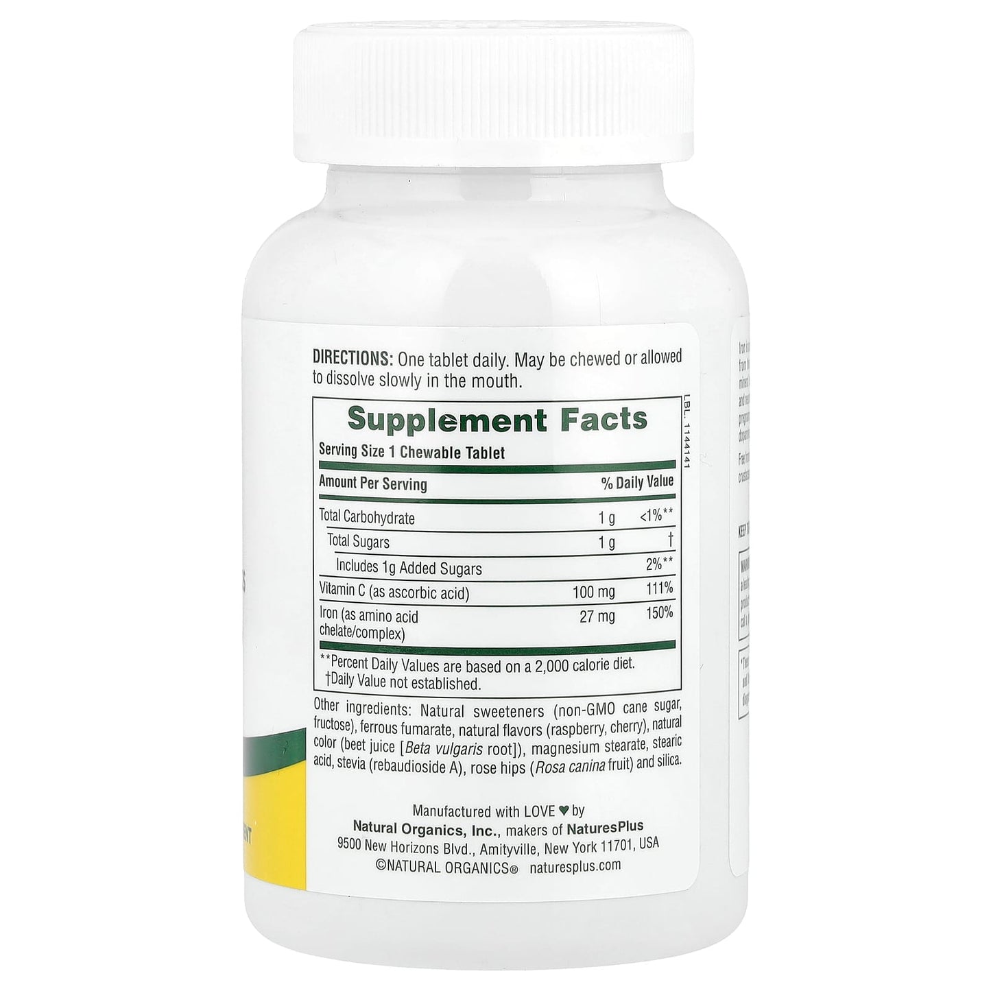 NaturesPlus, Chewable Iron with Vitamin C and Herbs, Cherry, 90 Tablets