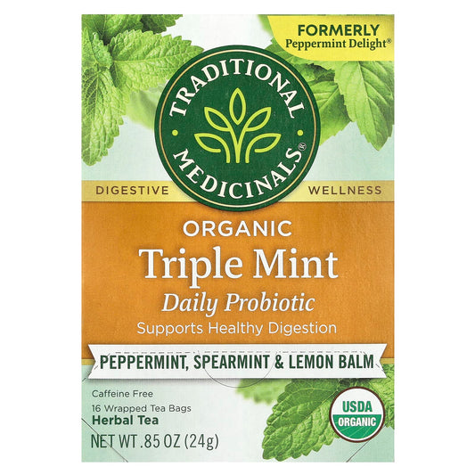 Traditional Medicinals, Organic Herbal Tea, Triple Mint Daily Probiotic, Caffeine Free, Peppermint, Spearmint & Lemon Balm, 16 Wrapped Tea Bags, 0.85 oz (24 g) - Image 1