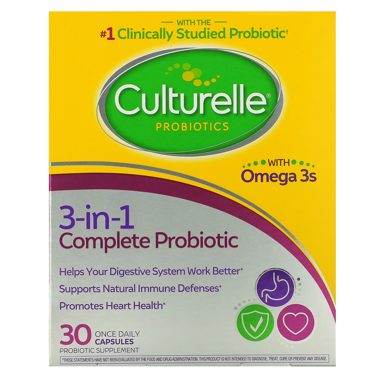 Culturelle, Probiotics, 3-in-1 Complete Probiotic with Omega 3s, 30 Once Daily Capsules