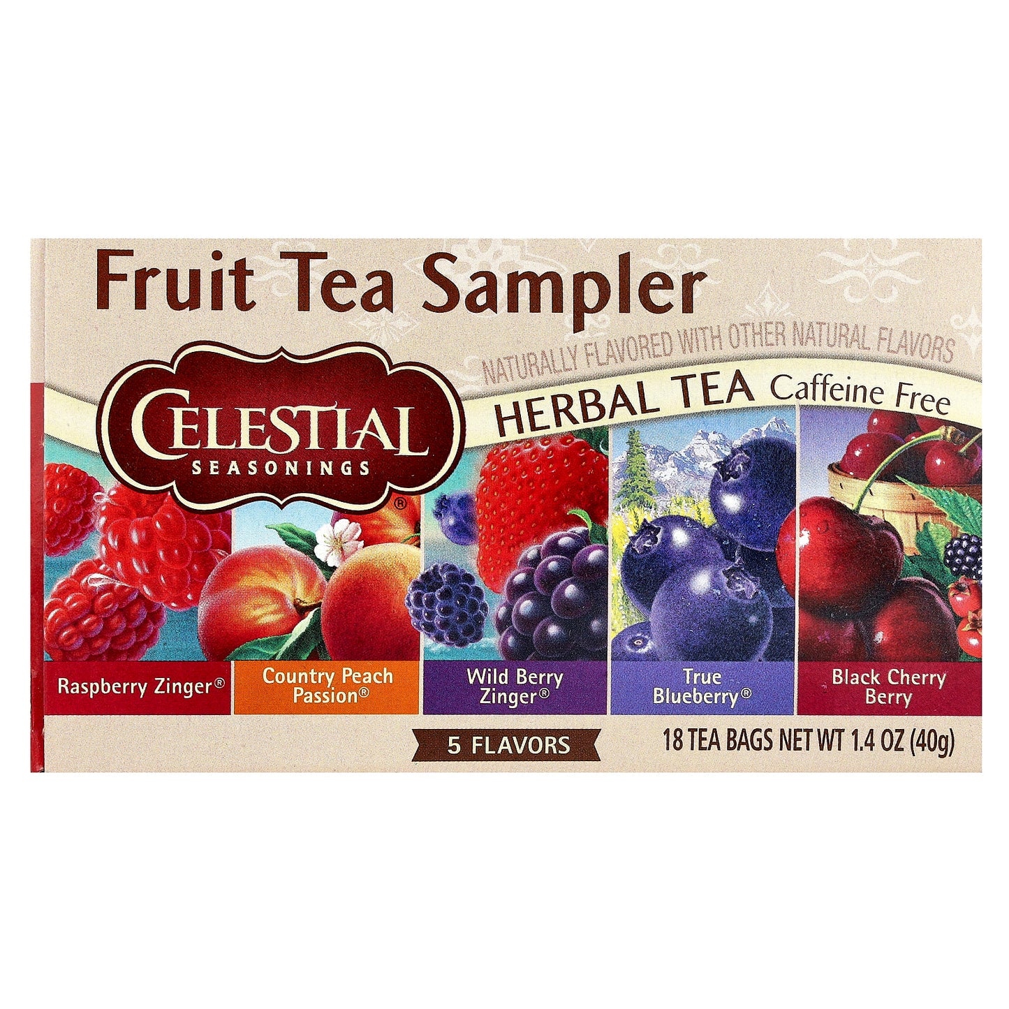 Celestial Seasonings Fruit Tea Sampler, 5 Flavors, Caffeine Free, 18 Tea Bags - Image 1