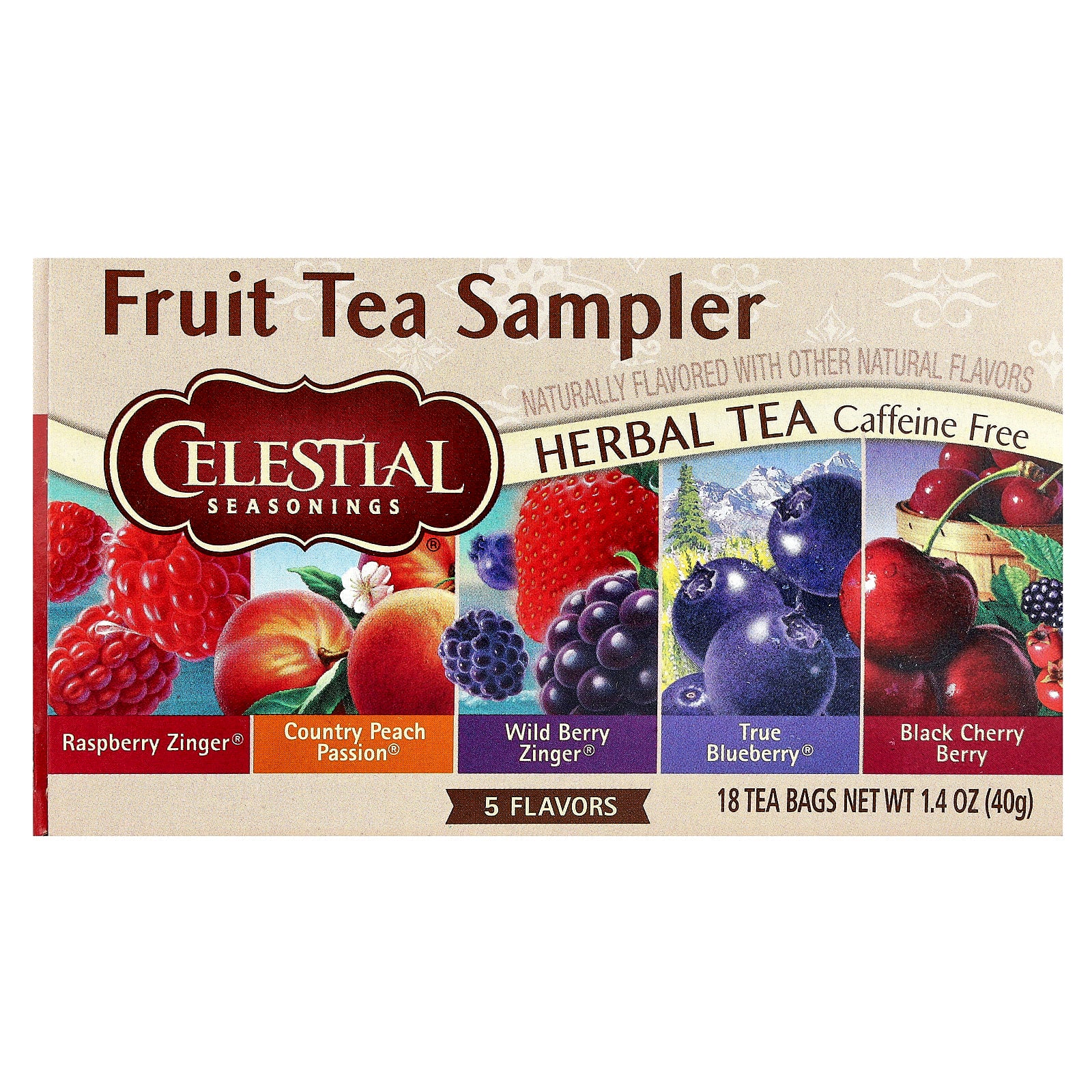 Celestial Seasonings Fruit Tea Sampler, 5 Flavors, Caffeine Free, 18 Tea Bags - Image 1