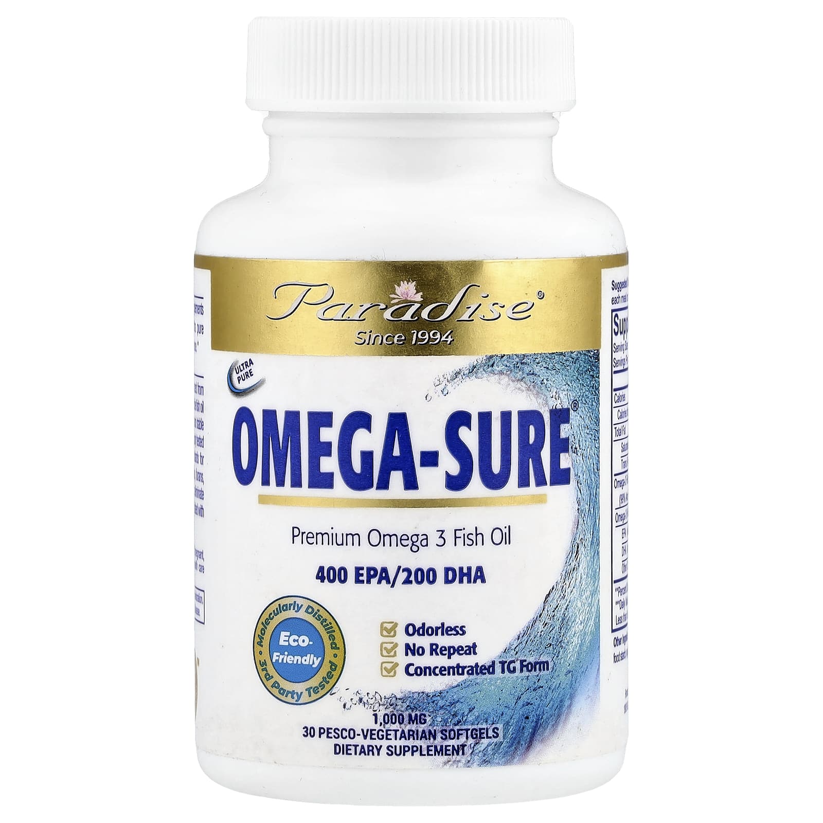 Paradise Herbs, Omega Sure®, Premium Omega-3 Fish Oil, 1,000 mg, 30 Pesco Vegetarian Softgels - Image 1