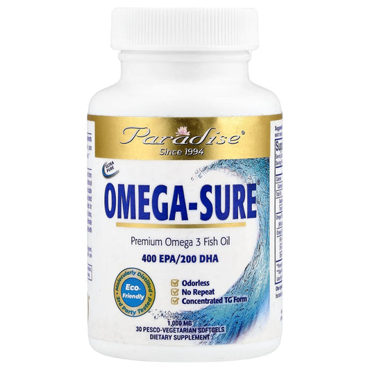 Paradise Herbs, Omega Sure®, Premium Omega-3 Fish Oil, 1,000 mg, 30 Pesco Vegetarian Softgels - Image 1