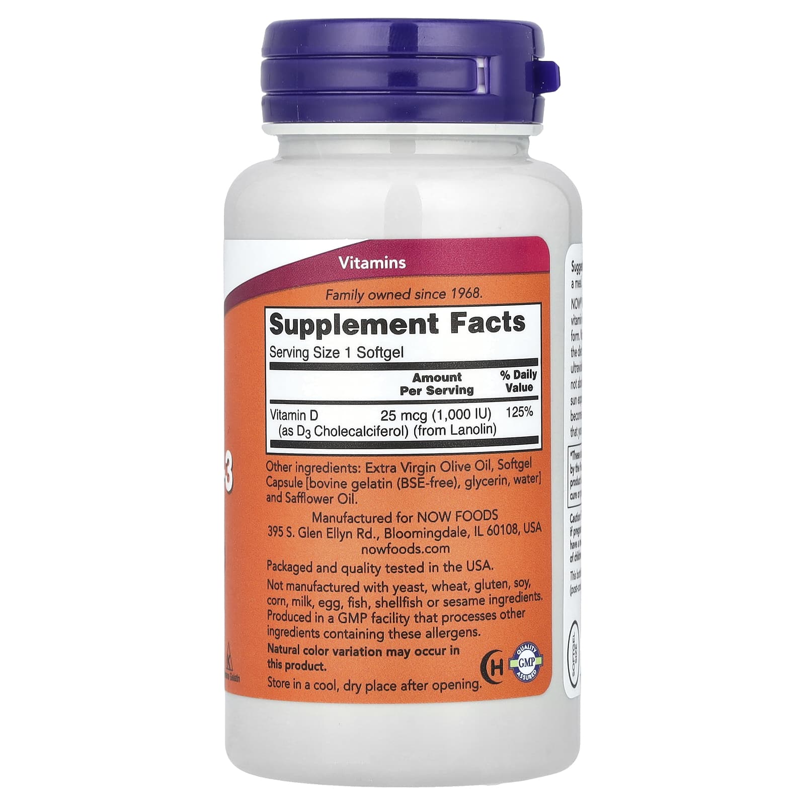 NOW Foods, Vitamin D-3, High Potency, 1,000 IU, 180 Softgels - Image 2