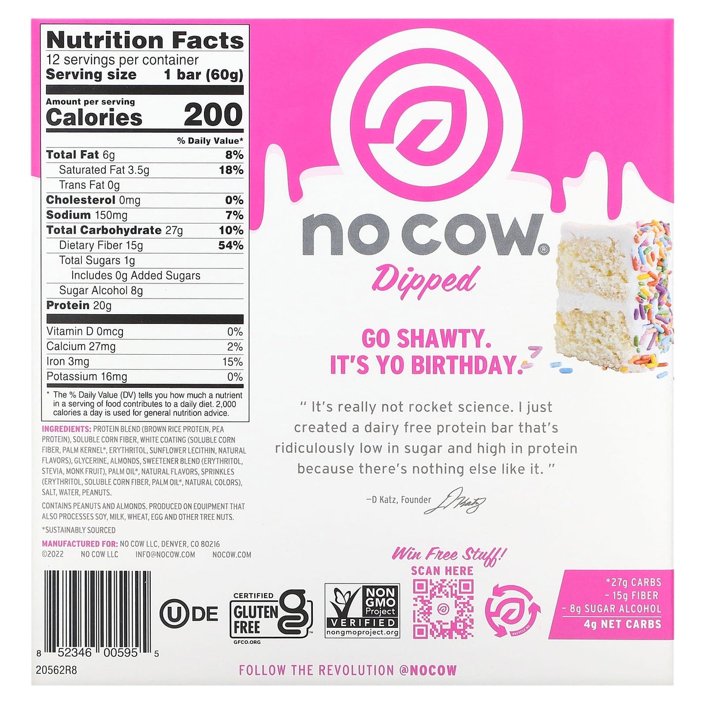 No Cow, Dipped Protein Bar, Birthday Cake, 12 Bars, 2.12 oz (60 g) Each - Image 2