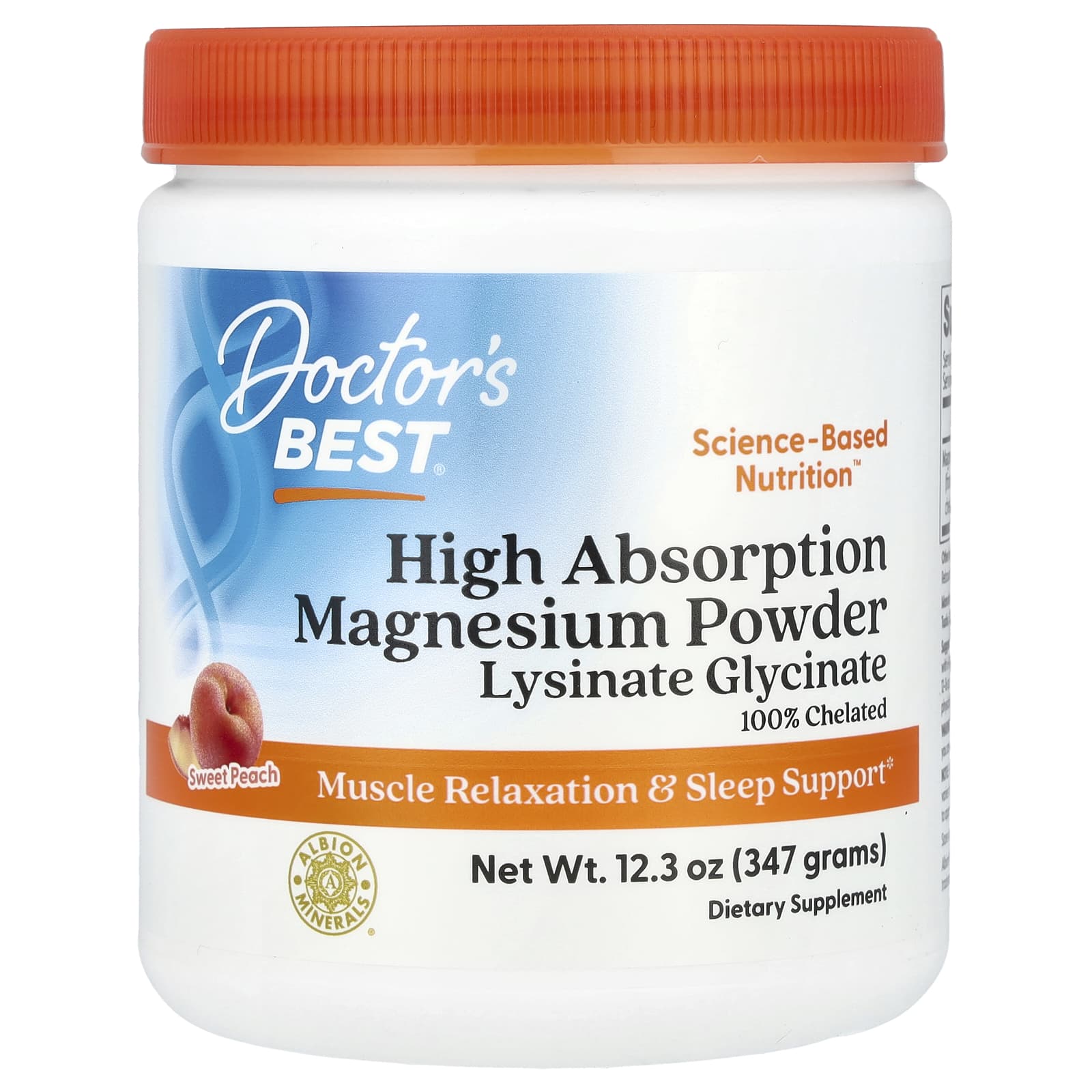High Absorption Magnesium Powder by Doctor's Best, Sweet Peach Flavor for Relaxation & Sleep - Image 1