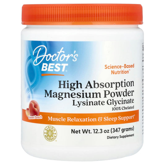 High Absorption Magnesium Powder by Doctor's Best, Sweet Peach Flavor for Relaxation & Sleep - Image 1