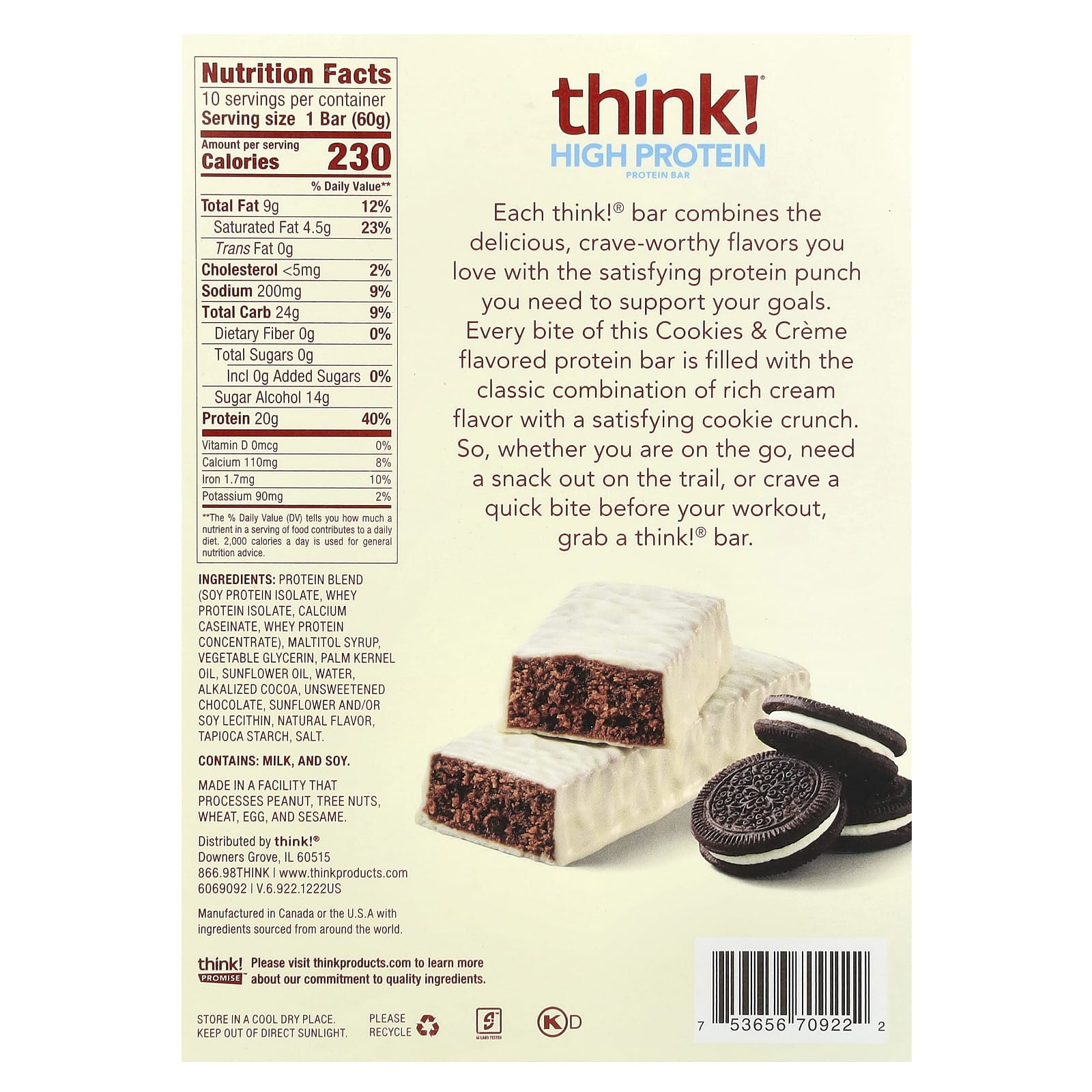 Think !, High Protein Bars, Cookies & Cream, 10 Bars, 2.1 oz (60 g) Each - Image 2