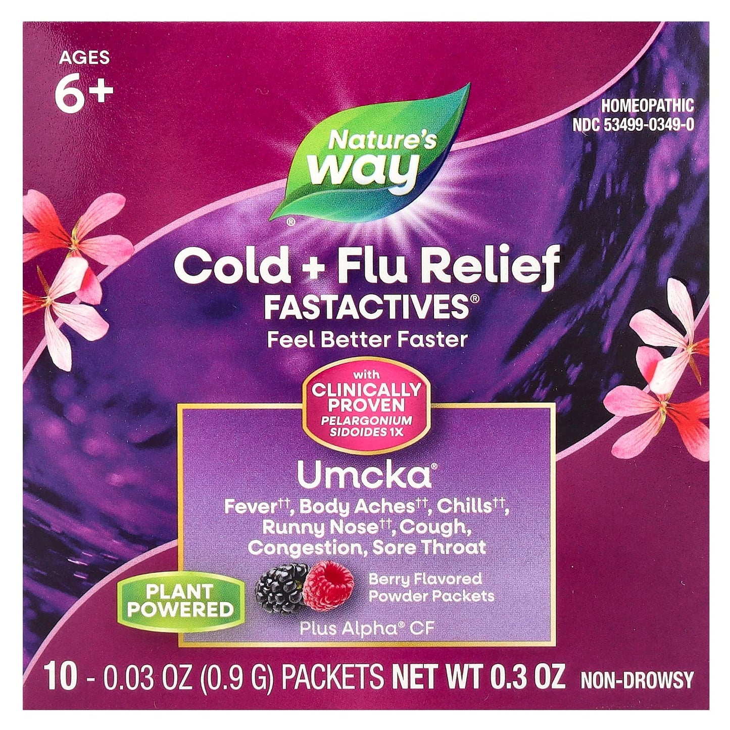 Nature's Way, Umcka®, Cold + Flu Relief Fastactives®, Ages 6+, Berry, 10 Packets, 0.03 oz (0.9 g) each - Image 1