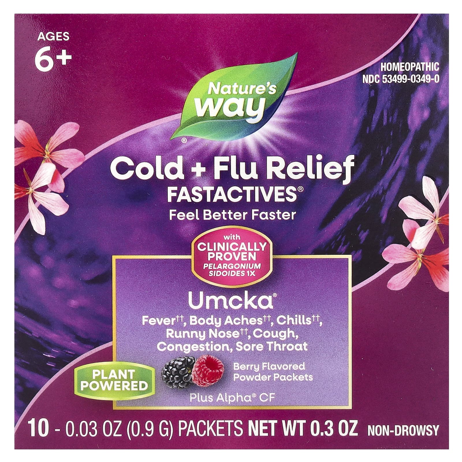 Nature's Way, Umcka®, Cold + Flu Relief Fastactives®, Ages 6+, Berry, 10 Packets, 0.03 oz (0.9 g) each - Image 1
