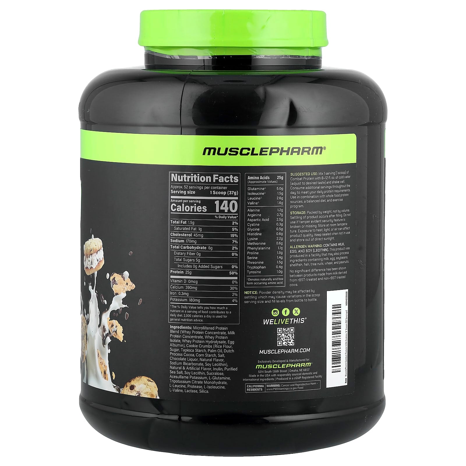 MusclePharm, Combat Protein Powder, Cookies 'N' Cream, 4.2 lb (1,906 g) - Image 2