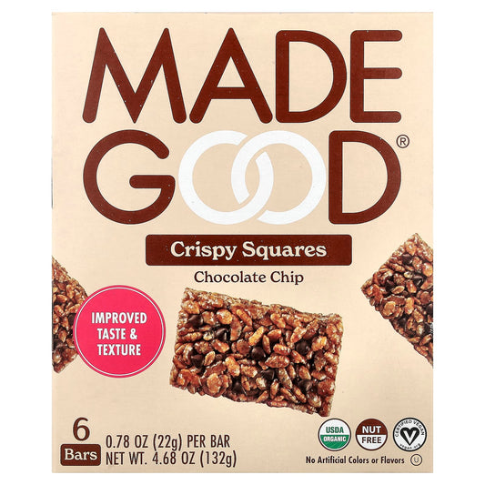 MadeGood, Crispy Squares, Chocolate Chip, 6 Bars, 0.78 oz (22 g) Each - Image 1