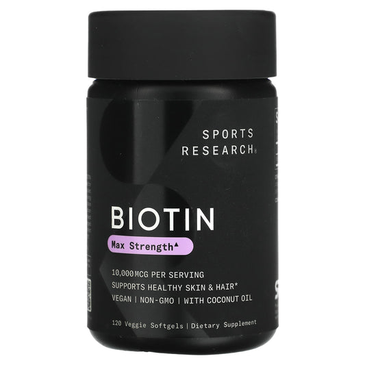 Sports Research, Biotin, Max Strength, 10,000 mcg, 120 Veggie Softgels - Image 1