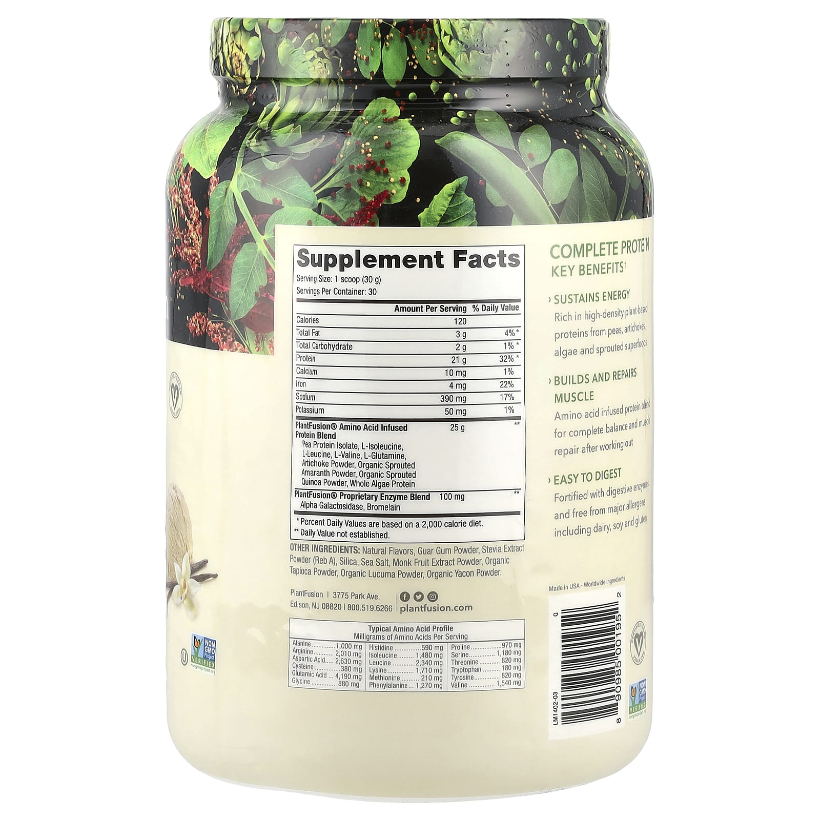 PlantFusion, Complete Protein, Creamy Vanilla Bean, 2 lb (900 g) - Image 2