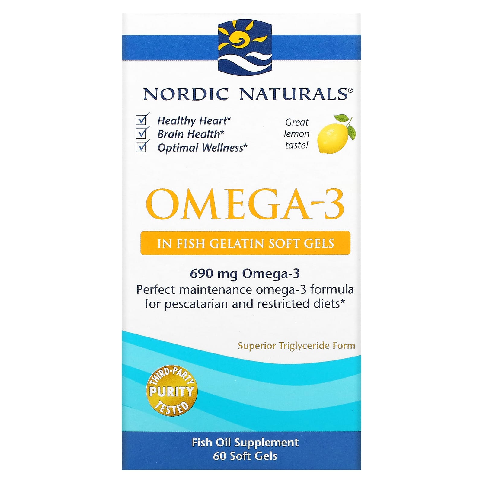 Nordic Naturals, Omega-3, Lemon, 60 Fish Gelatin Soft Gels (345 mg per Soft Gel) - Image 1