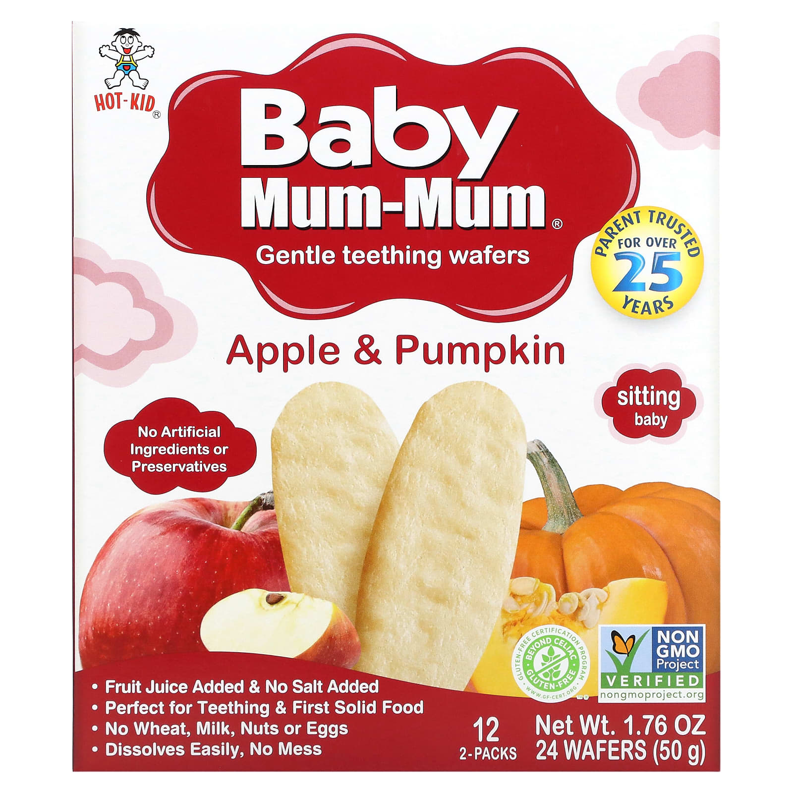 Hot Kid, Baby Mum-Mum, Gentle Teething Wafers, Apple & Pumpkin, 12 Packs, 2 Wafers Each