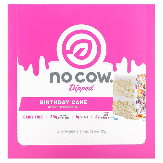 No Cow, Dipped Protein Bar, Birthday Cake, 12 Bars, 2.12 oz (60 g) Each - Image 1