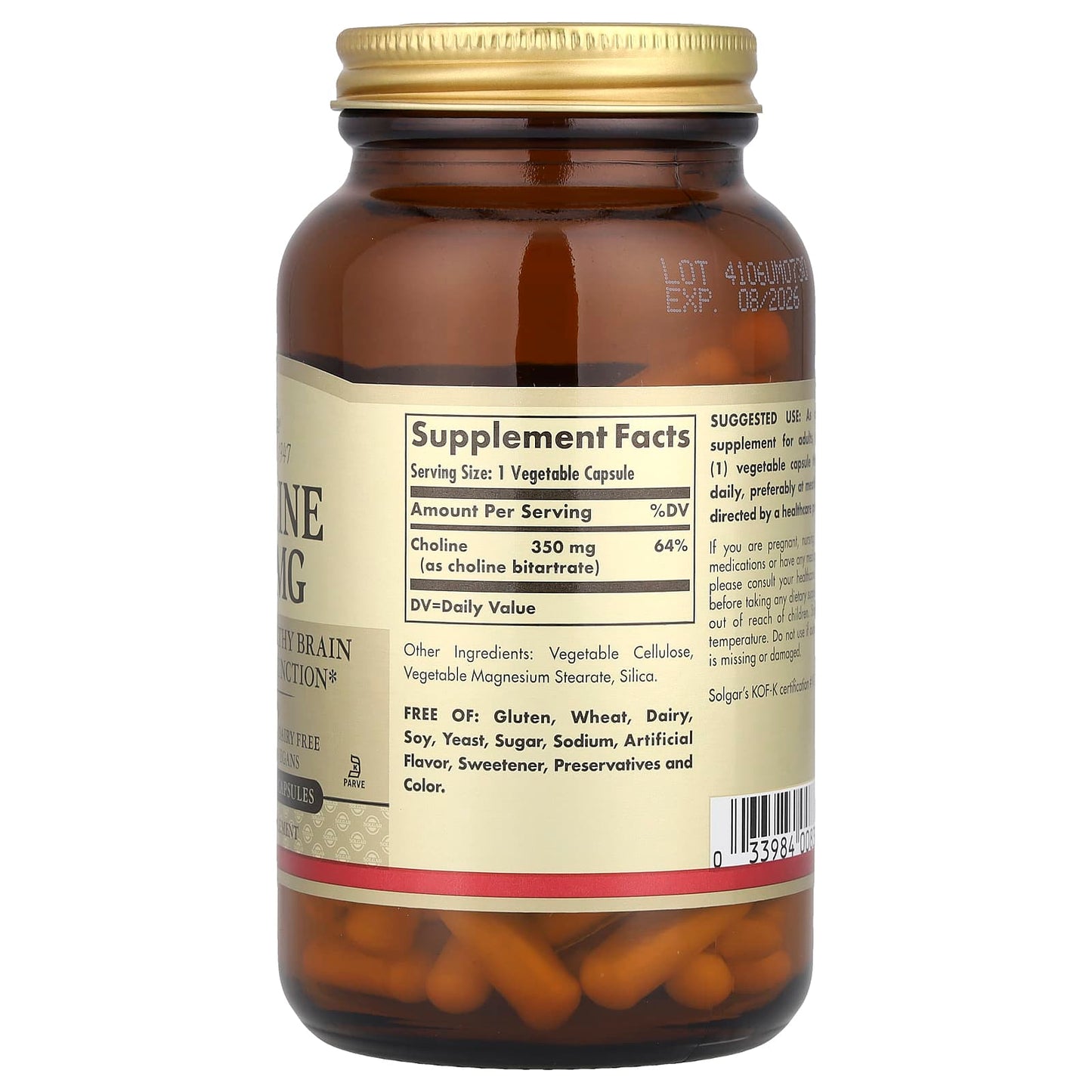Solgar, Choline, 350 mg, 100 Vegetable Capsule - Image 2