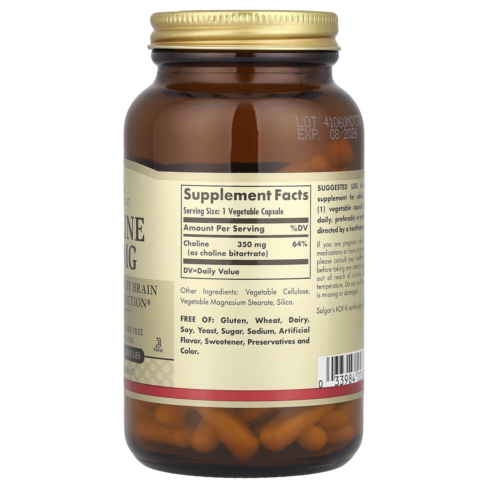 Solgar, Choline, 350 mg, 100 Vegetable Capsule - Image 2