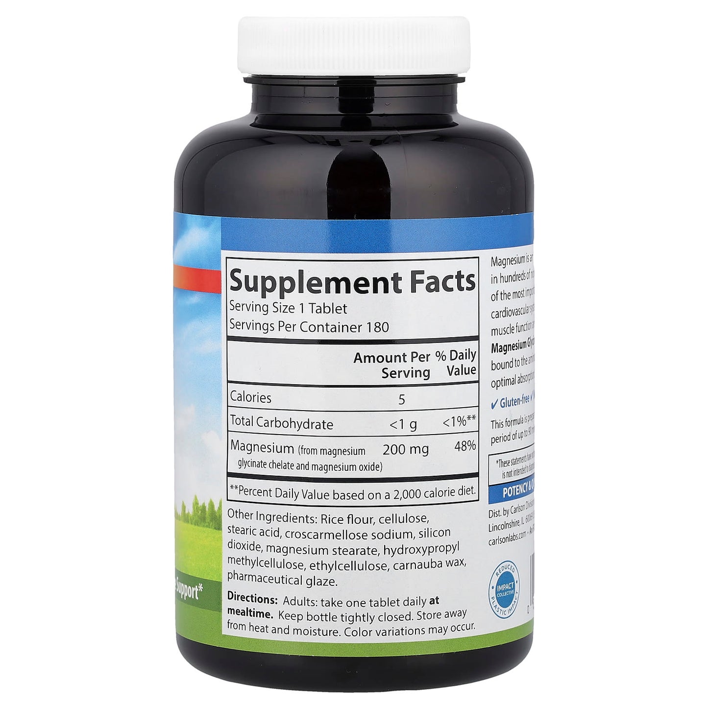 Carlson Chelated Magnesium Glycinate, 200mg, 180 Tablets for Heart Health & Bone Support - Image 2