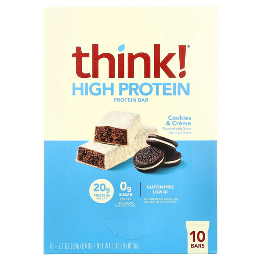 Think !, High Protein Bars, Cookies & Cream, 10 Bars, 2.1 oz (60 g) Each - Image 1