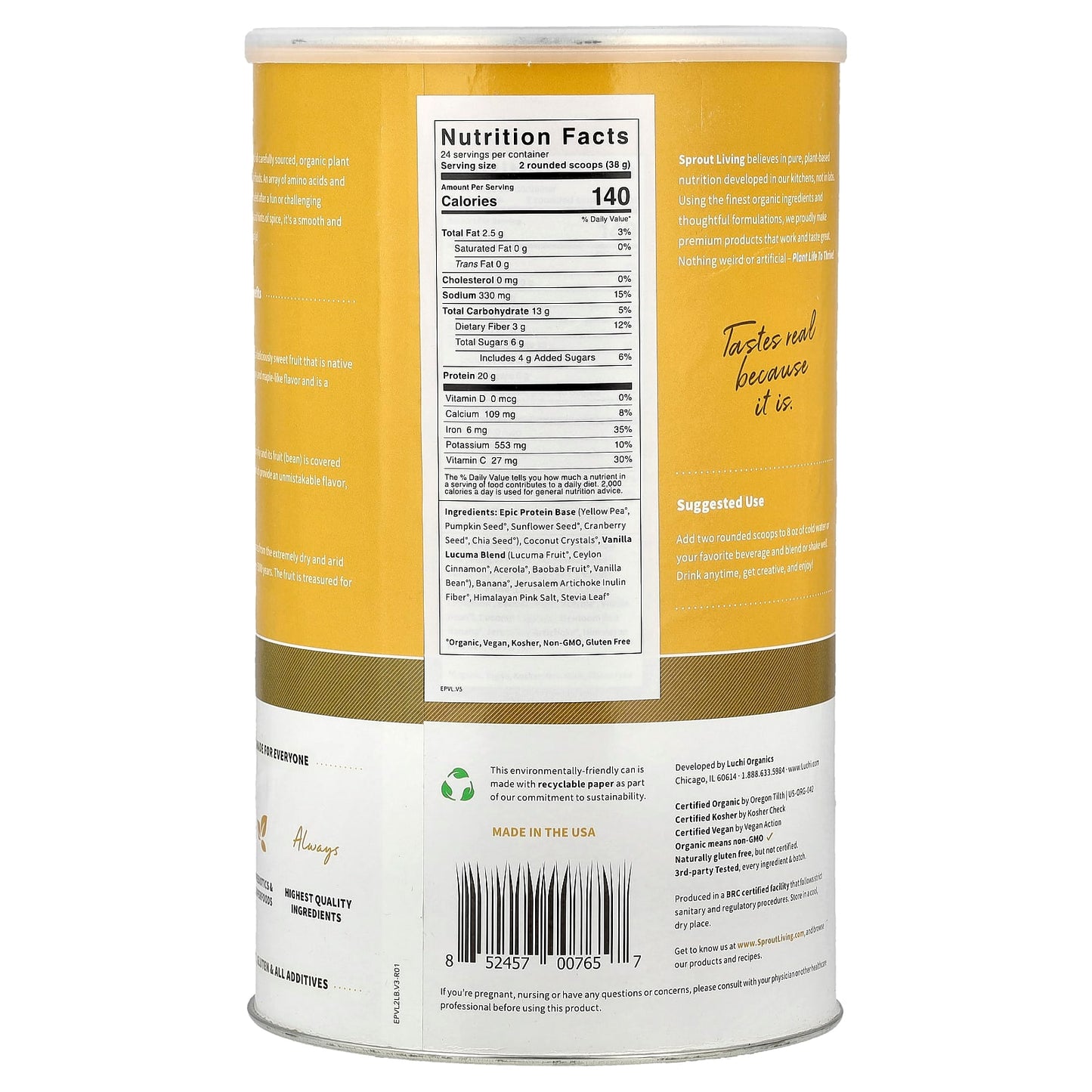 Sprout Living, Epic Protein®, Organic Plant Protein + Superfoods, Vanilla Lucuma, 2 lb (912 g)