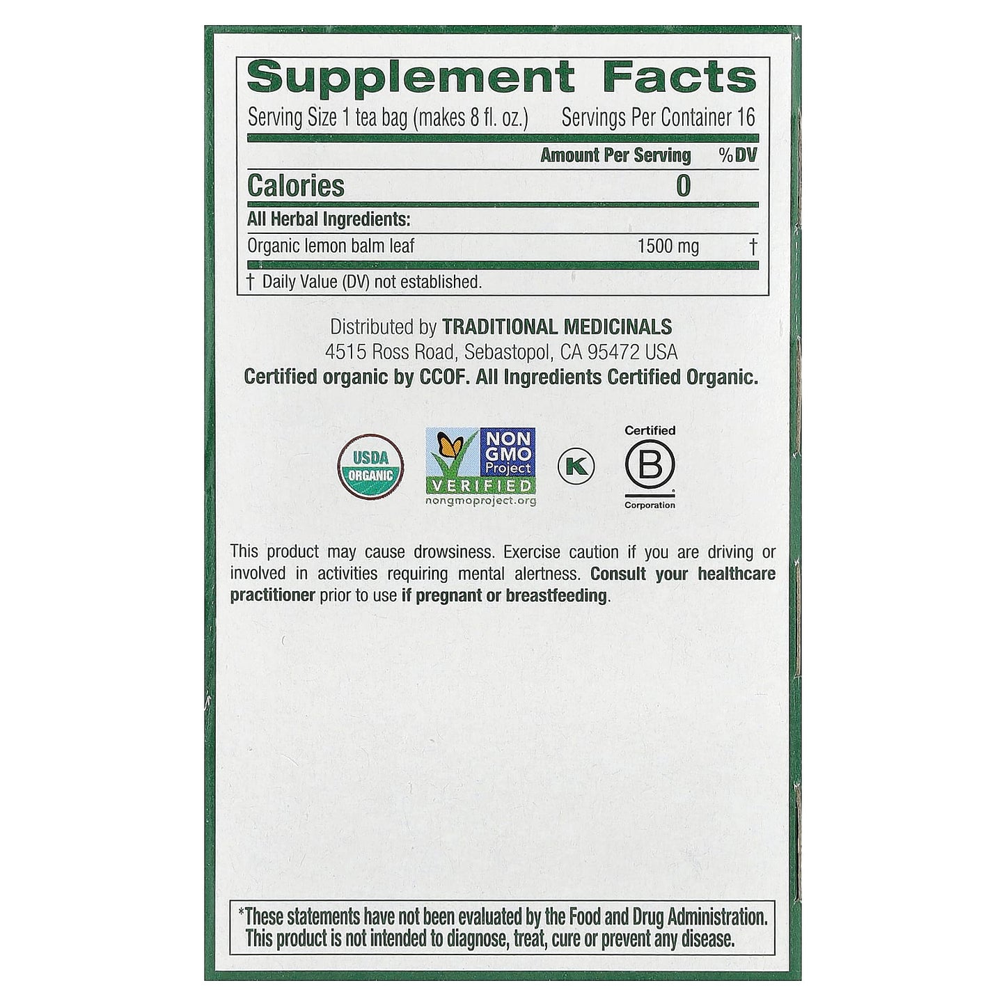 Traditional Medicinals, Organic Lemon Balm, Caffeine Free, 16 Wrapped Tea Bags, 0.85 oz (24 g)