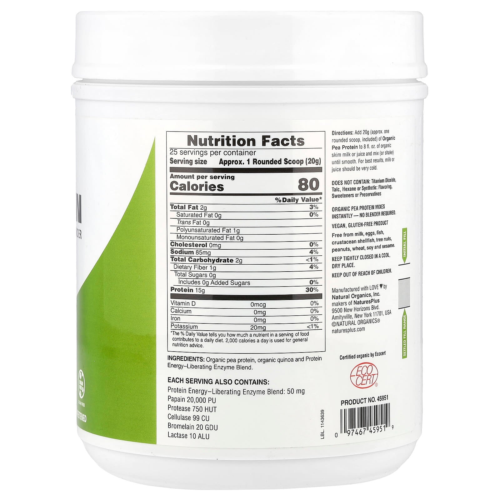NaturesPlus, Organic Pea Protein Powder, Unflavored, 1.10 lbs (500 g) - Image 2