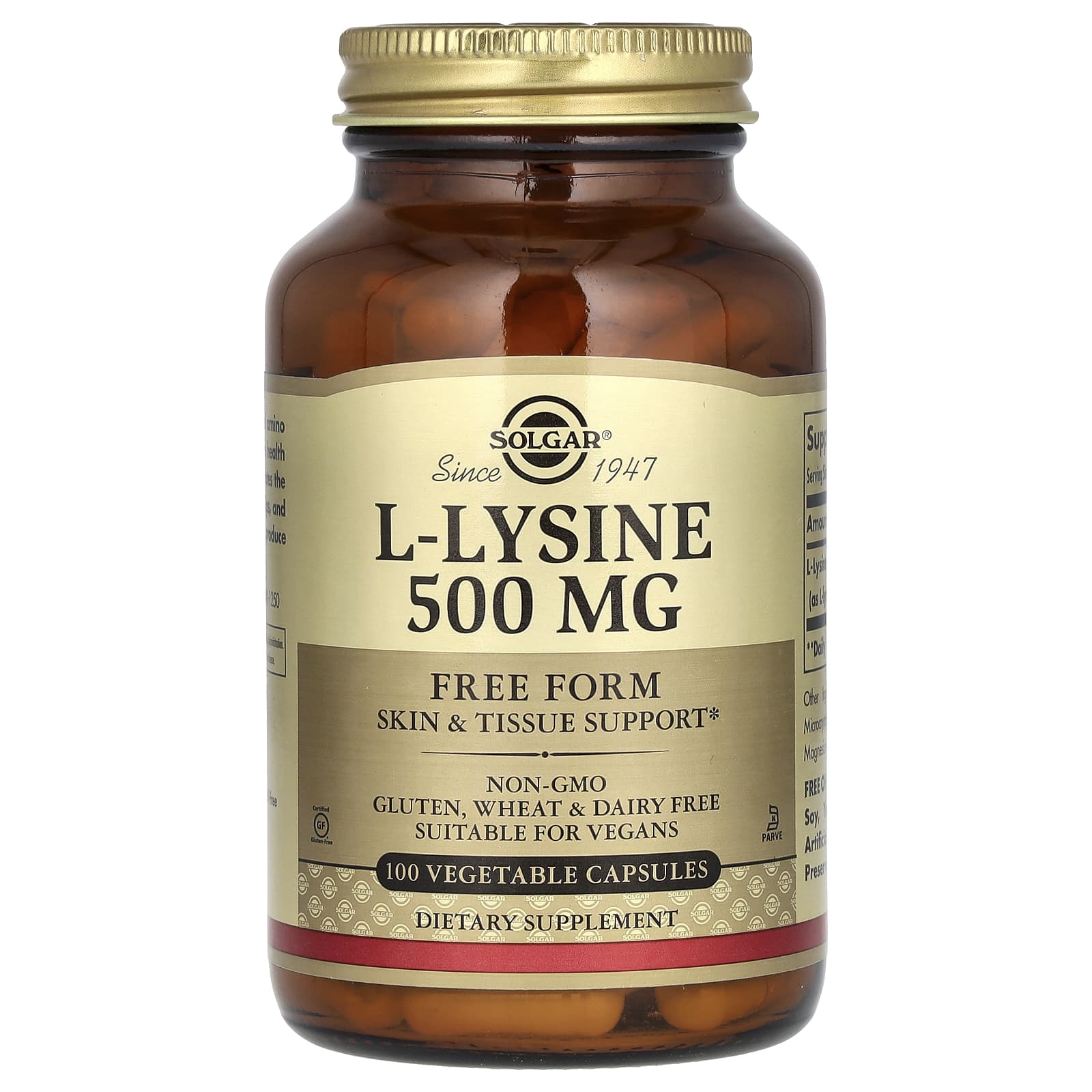Solgar, L-Lysine, Free Form, 500 mg, 100 Vegetable Capsules - Image 1
