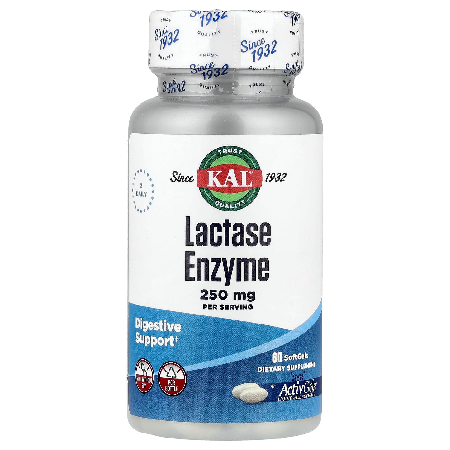 Digestive Support with KAL Lactase Enzyme, 60 Softgels, 125mg Each - Image 1