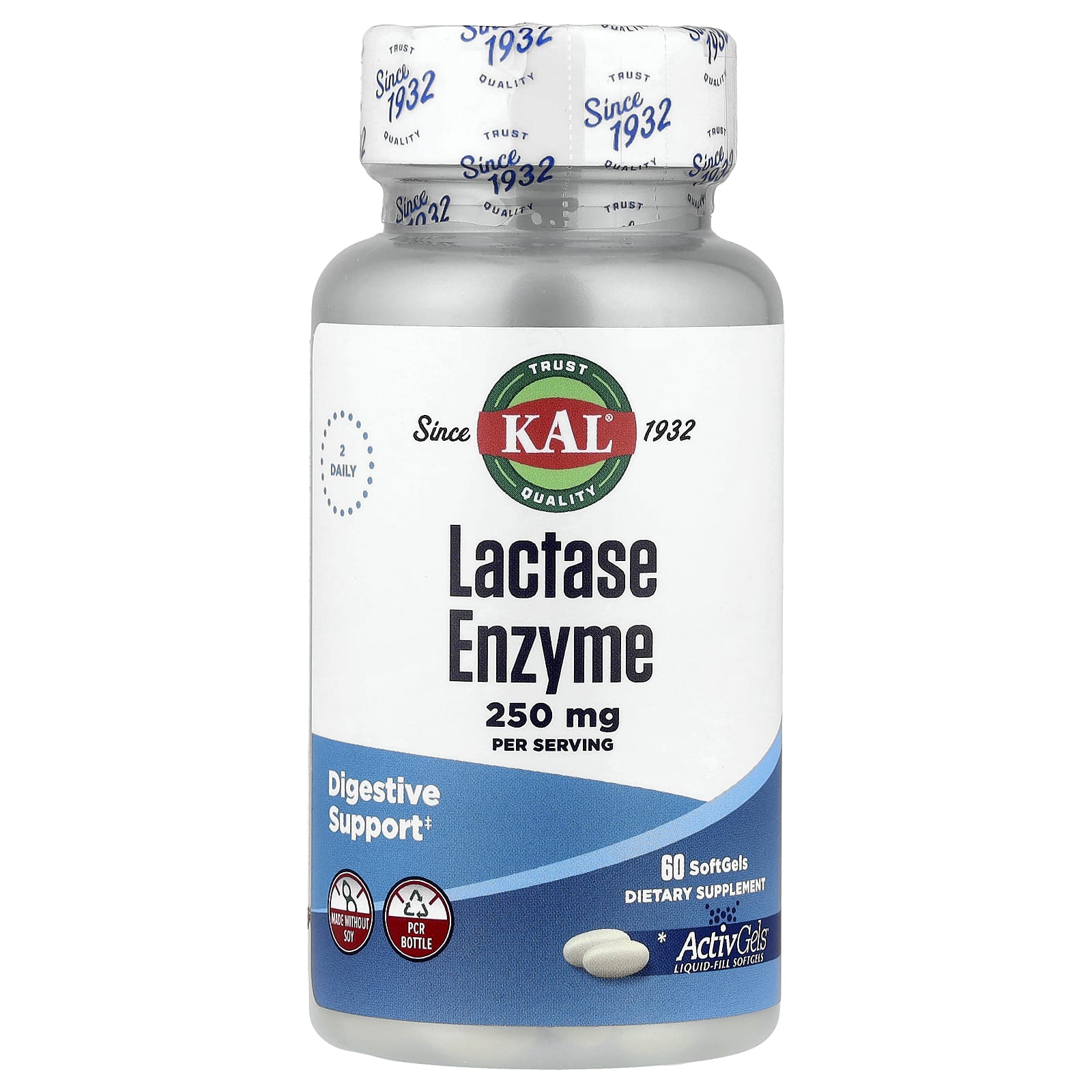 Digestive Support with KAL Lactase Enzyme, 60 Softgels, 125mg Each - Image 1