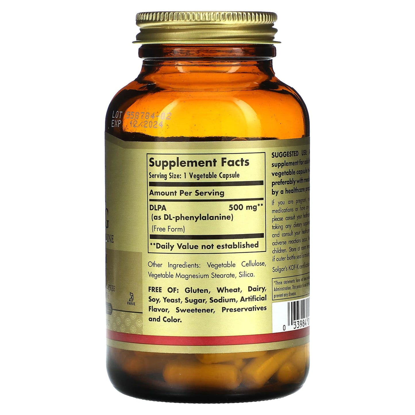 Solgar, DLPA, DL-Phenylalanine,  Free Form, 500 mg, 100 Vegetable Capsules - Image 2