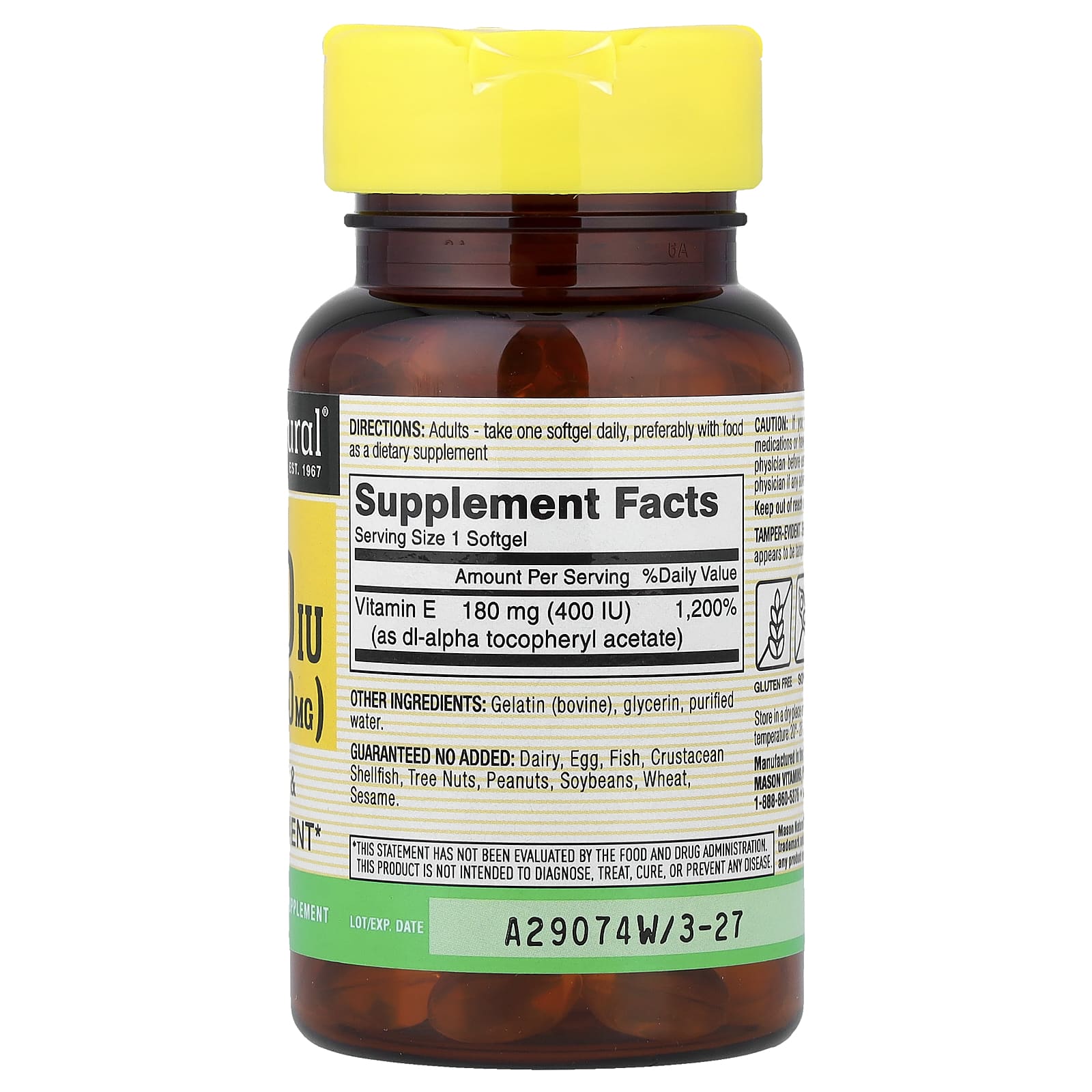Mason Natural, Vitamin E, 180 mg (400 IU), 100 Softgels - Image 2