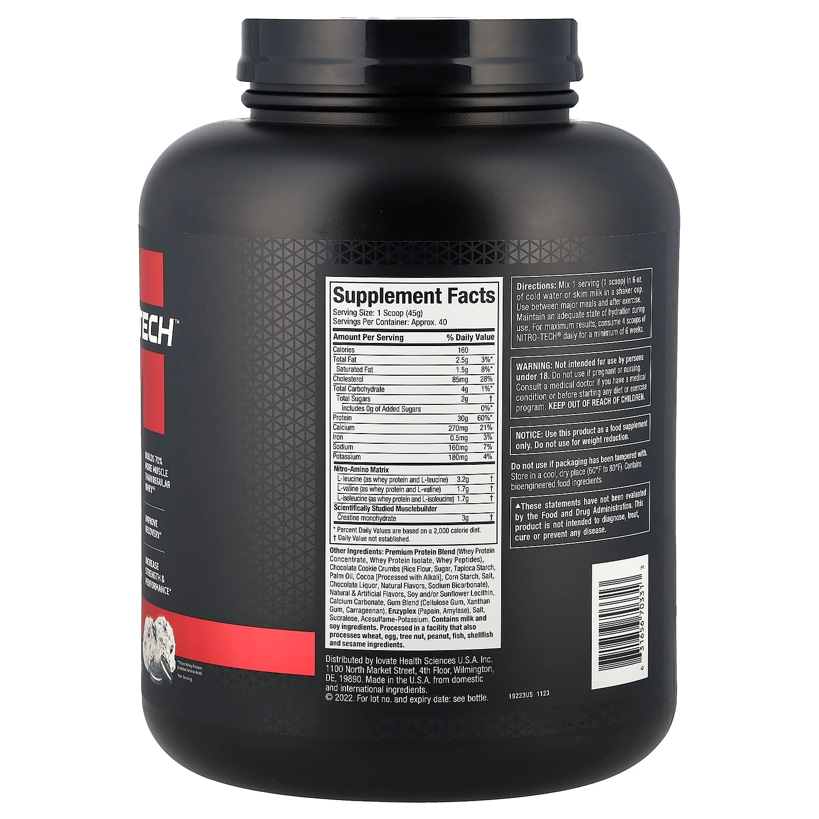 MuscleTech, Nitro-Tech™ Whey Protein, Cookies and Cream, 4 lbs (1.81 kg) - Image 2
