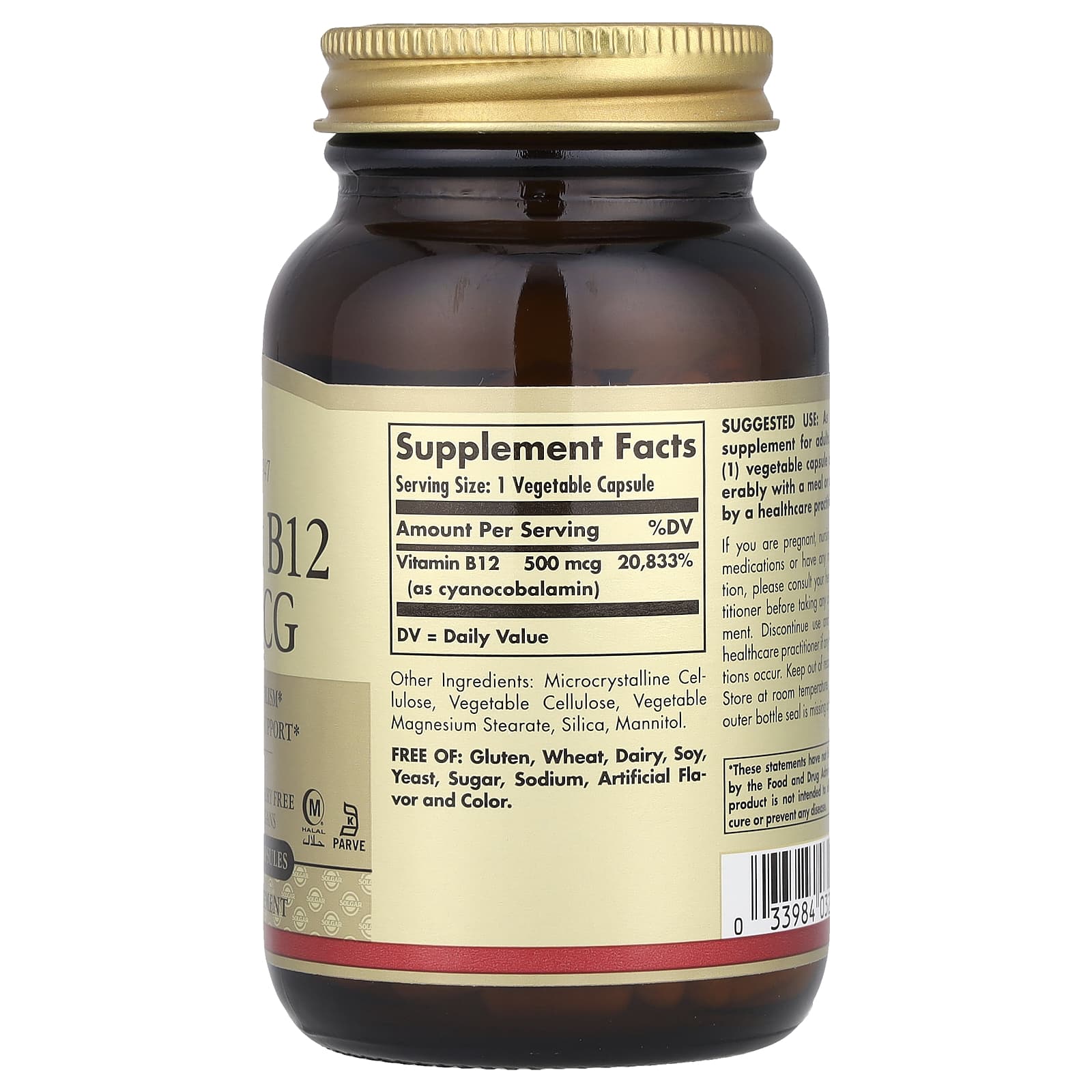 Solgar, Vitamin B12, 500 mcg, 250 Vegetable Capsules - Image 2