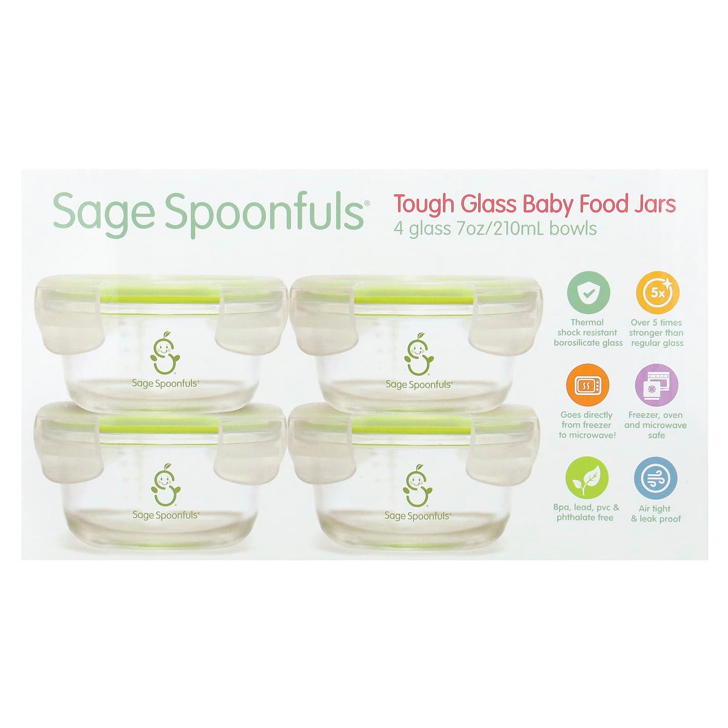 Sage Spoonfuls, Tough Glass Baby Food Jars, 4 Pack, 7 oz (210 ml) Each - Image 1