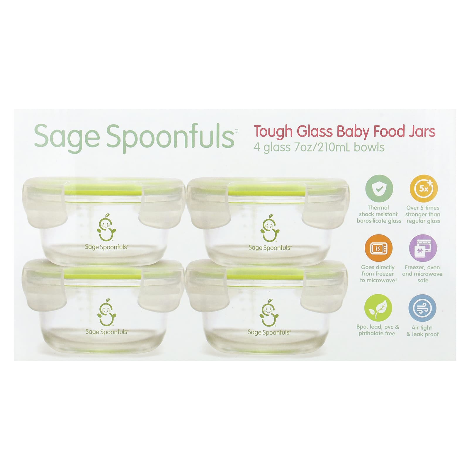 Sage Spoonfuls, Tough Glass Baby Food Jars, 4 Pack, 7 oz (210 ml) Each - Image 1