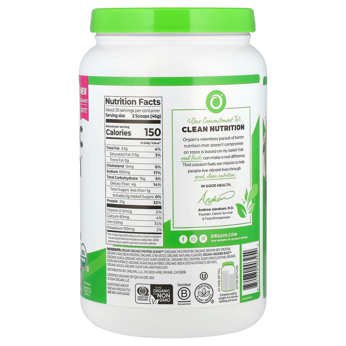 Orgain, Organic Protein™ Powder, Plant Based, Vanilla Bean, 2.03 lb (920 g) - Image 2