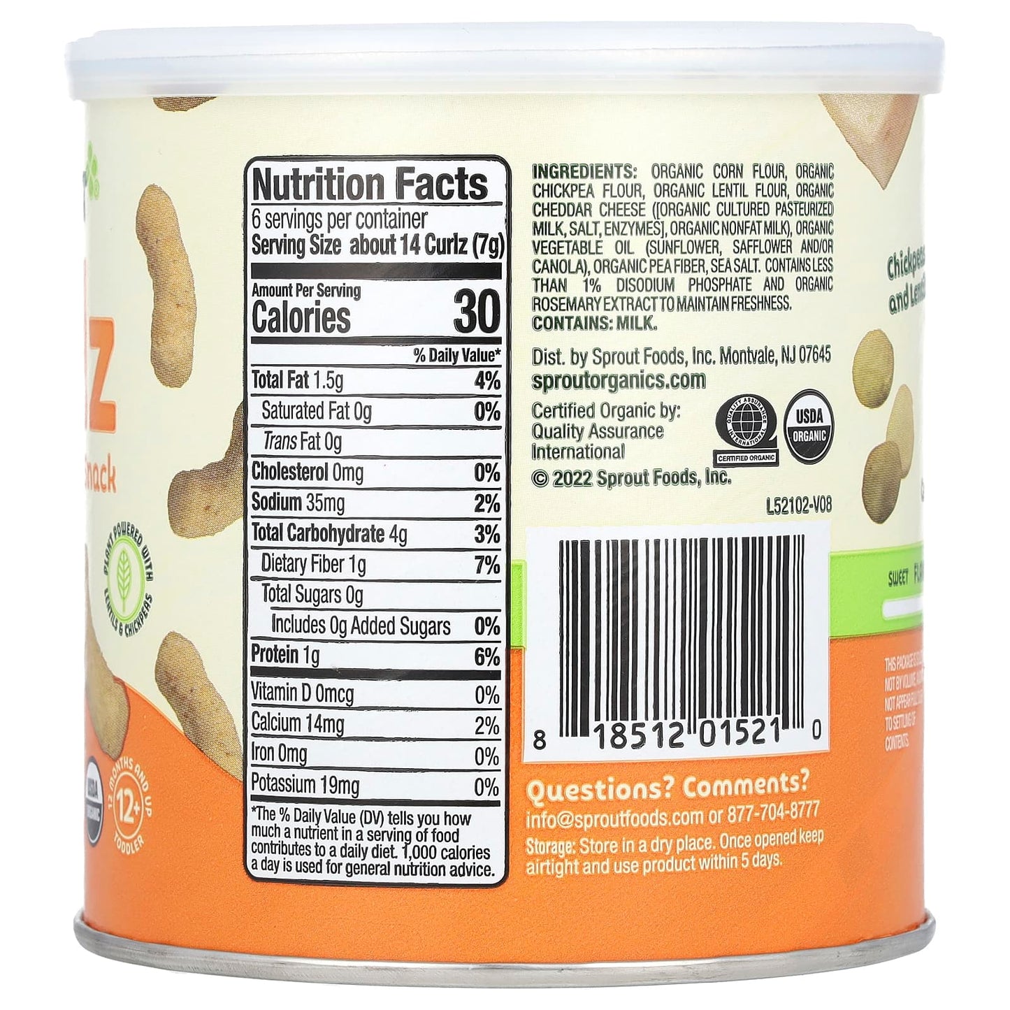 Sprout Organics, Curlz, Organic Baked Snack, 12 Months & Up, White Cheddar, 1.48 oz (42 g) - Image 2