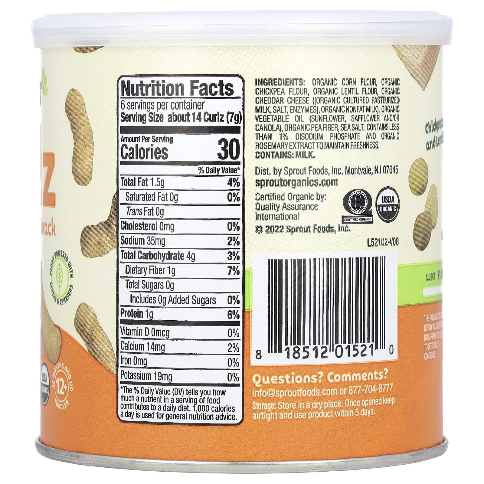 Sprout Organics, Curlz, Organic Baked Snack, 12 Months & Up, White Cheddar, 1.48 oz (42 g) - Image 2