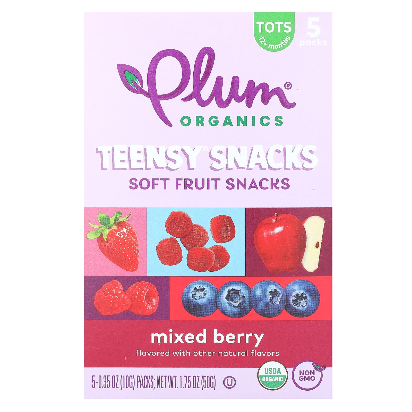Plum Organics, Teensy Snacks, Soft Fruit Snacks, Tots 12+ Months, Mixed Berry, 5 Packs, 0.35 oz (10 g) Each - Image 1