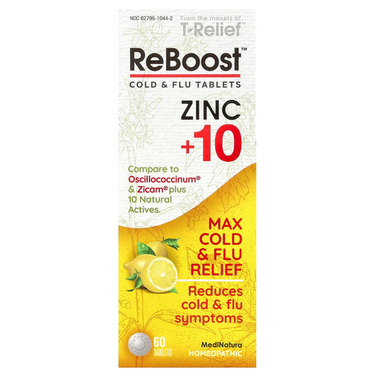 MediNatura, T-Relief™, ReBoost™, Zinc +10, Max Cold & Flu Relief, 60 Tablets - Image 1